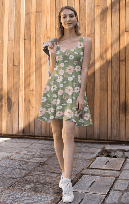 Wildflower Garden Skater Dress | Cottagecore Boho Floral on Sage Green - Skater Dress