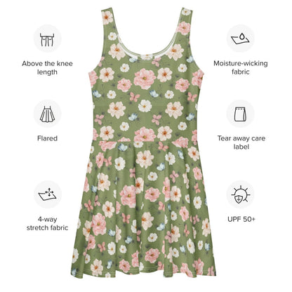 Wildflower Garden Skater Dress | Cottagecore Boho Floral on Sage Green - Skater Dress