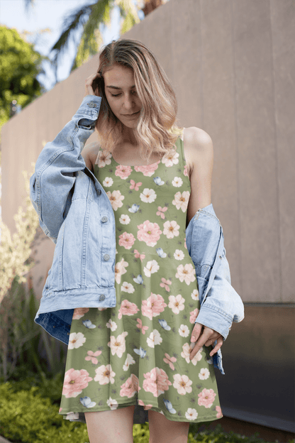 Wildflower Garden Skater Dress | Cottagecore Boho Floral on Sage Green - Skater Dress