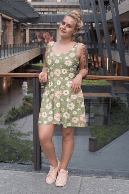Wildflower Garden Skater Dress | Cottagecore Boho Floral on Sage Green - Skater Dress