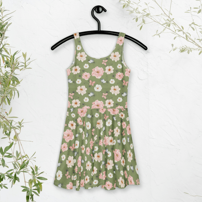 Wildflower Garden Skater Dress | Cottagecore Boho Floral on Sage Green - Skater Dress