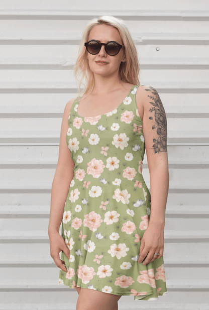 Wildflower Garden Skater Dress | Cottagecore Boho Floral on Sage Green - Skater Dress