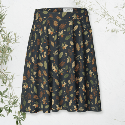 Woodland Whimsy Skater Skirt | Autumn Leaf & Forest Foliage Print on Charcoal Black