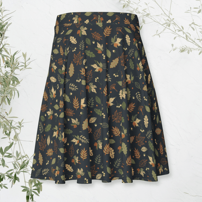 Woodland Whimsy Skater Skirt | Autumn Leaf & Forest Foliage Print on Charcoal Black
